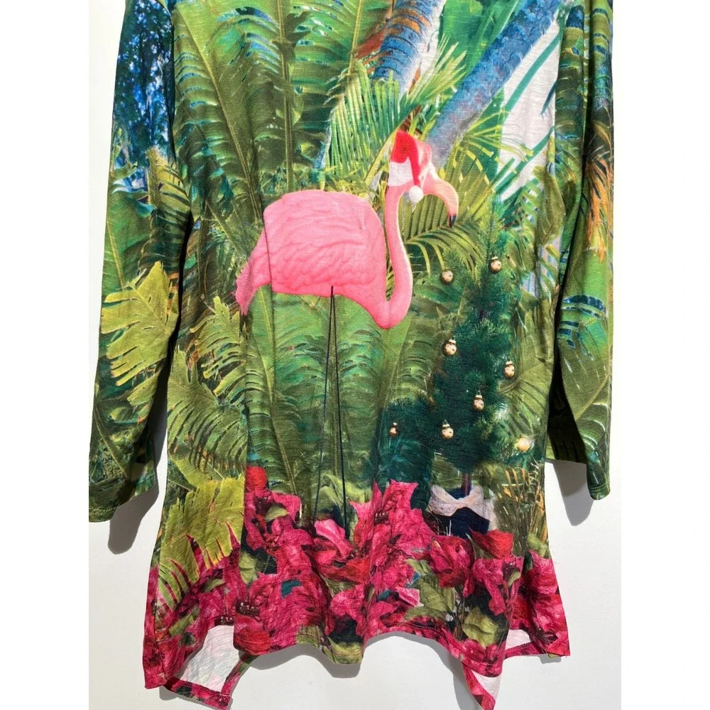Sun Bay Flamingo Christmas Tropical Tunic Top Large UPF 30 3/4 Sleeve Green Pink